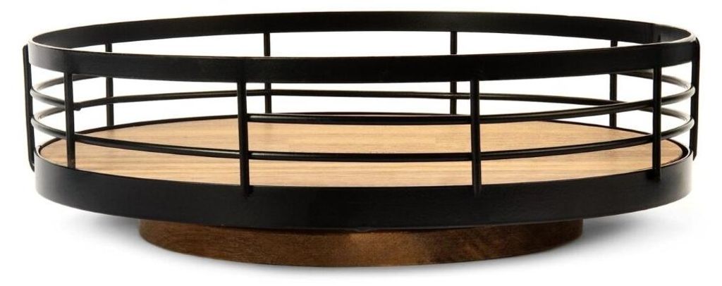 A rotating organizer with a wooden base and a black metal wire basket.