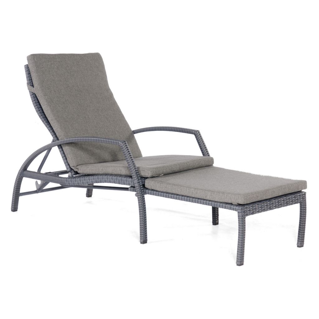 A gray chaise lounge chair with a matching ottoman, shown on a white background.