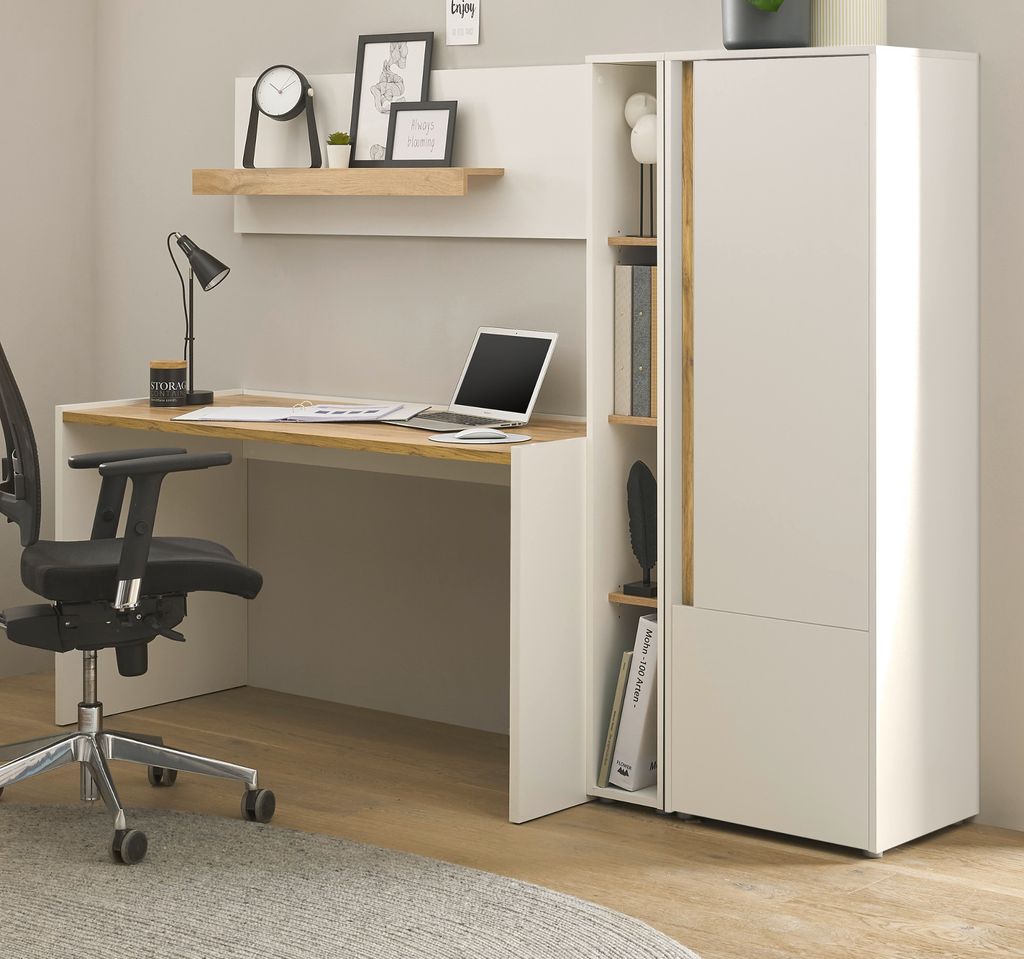 Büromöbel Set Center in weiß und Wotan Eiche Schreibtisch, Aktenschrank, Regal