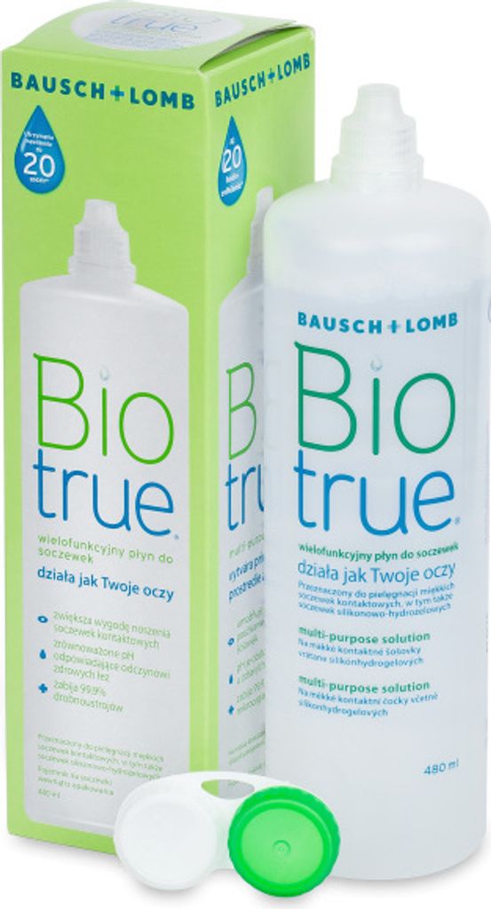 A box and a bottle of Biotrue multi-purpose solution for contact lenses, along with a contact lens case.