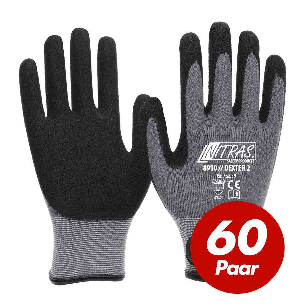 NITRAS 8910 Dexter 2 Mechanikerhandschuhe Werkstatthandschuhe Handschuhe mit Klettverschluss - 60 Paar Größe:10