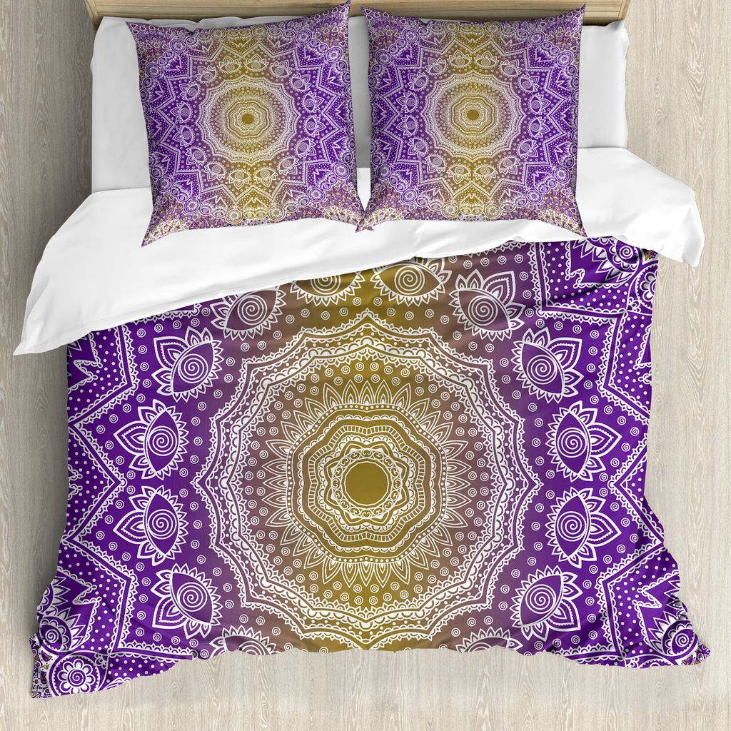ABAKUHAUS Gelb und Lila Bettbezug, Mandala Ombre, Milbensicher Allergiker geeignet mit Kissenbezügen, 155 cm x 220 cm - 80 x 80 cm, Violett