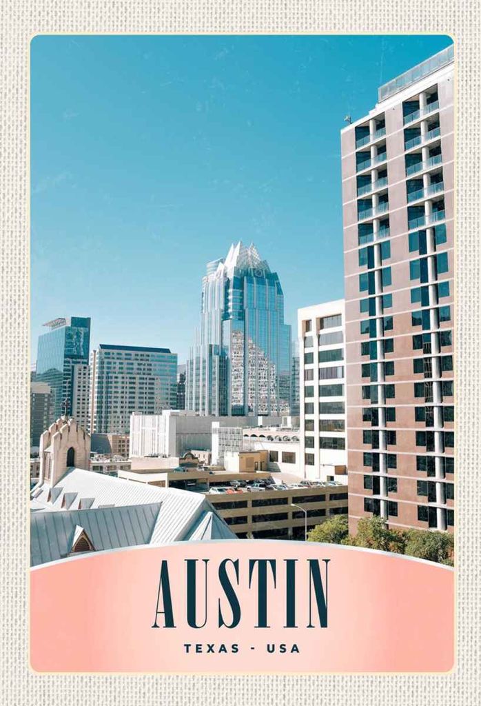 vianmo Holzschild 30x20 cm Austin Texas Amerika Hochhaus Gebäude Bildmotiv Reisemotiv Abenteuer Reisen