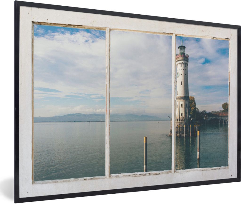 MuchoWow MuchoWow Gerahmtes Poster Aussicht - Leuchtturm - Wasser 30x20 cm - Poster mit zchwarzem Bilderrahmen - Kunstdruck - Bild-Poster