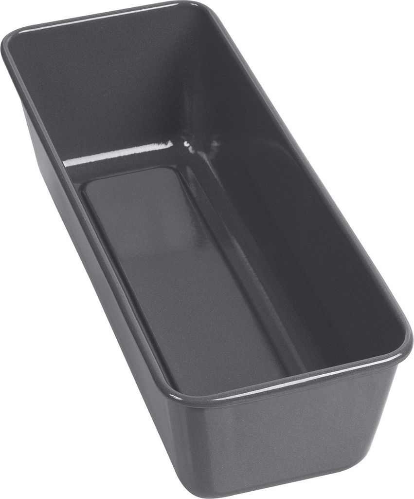 An empty loaf pan shown from a diagonal top-down perspective against a white background.