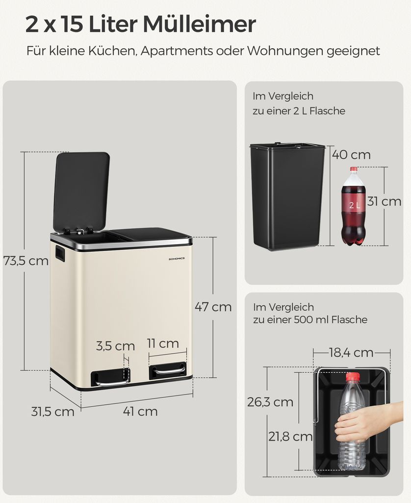 SONGMICS Mülleimer Küche, 2 x 15 Liter, Mülltrennsystem 2 Produktbild 2