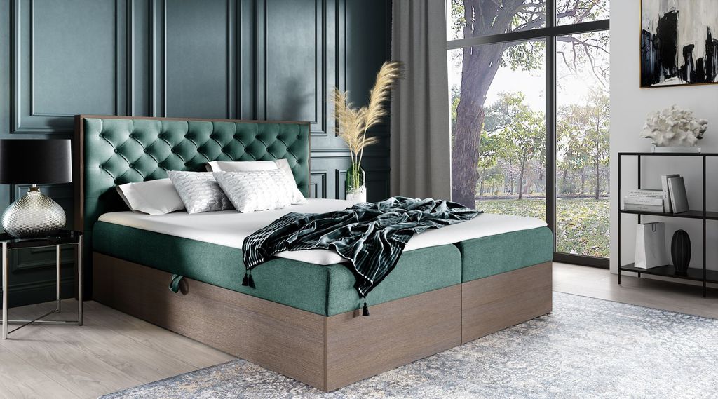 Kontinentales Bett 140x200 CHANTELLE 3 - dunkle Eiche / Grün + GRATIS Matratzenauflage