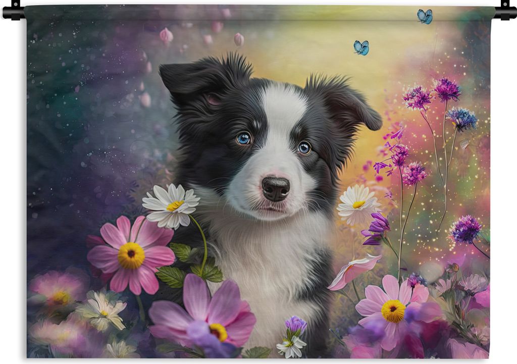 MuchoWow Wandteppich Wandbehang Hund - Blumen - Natur - Welpe - Border Collie 60x45 cm Tapisserie Dekoration Wandtuch - Das Schlafzimmer
