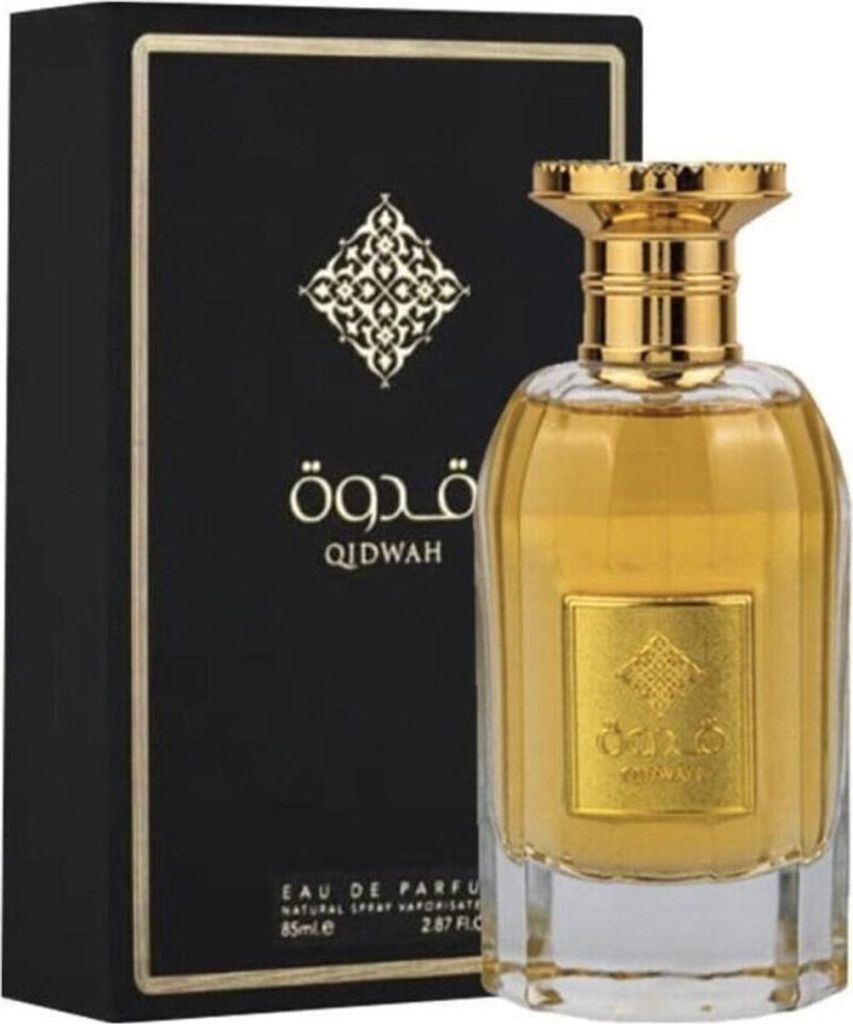 A bottle of Ard Al Zaafaran Qidwah Eau de Parfum and its packaging.