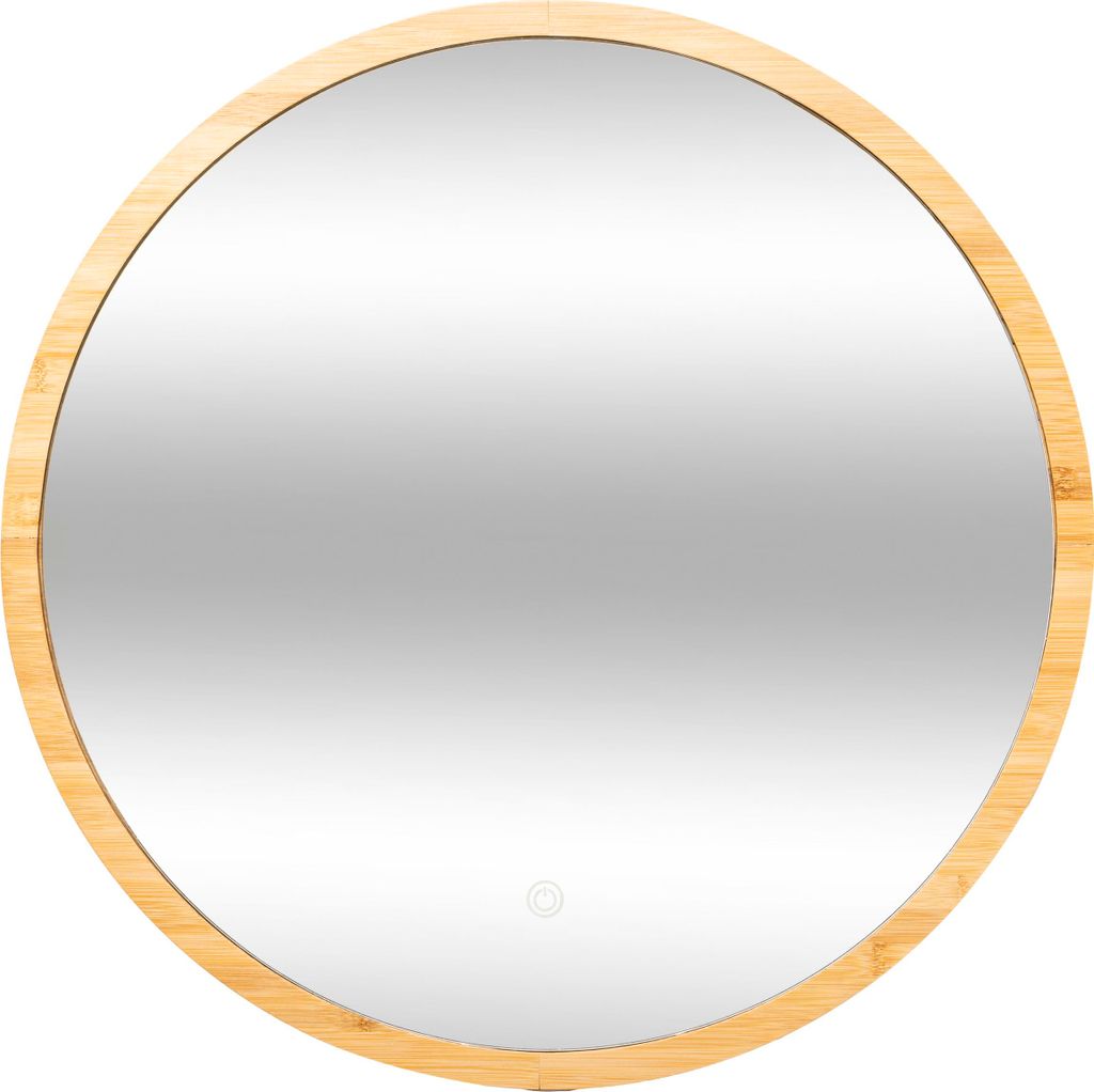 A round mirror with a bamboo frame.