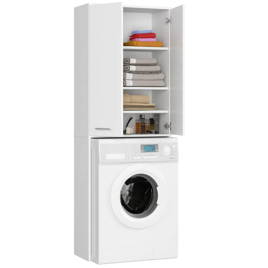 Armadio Alto per Lavatrice 64cm | Mobile Bagno Bianco Salvaspazio
