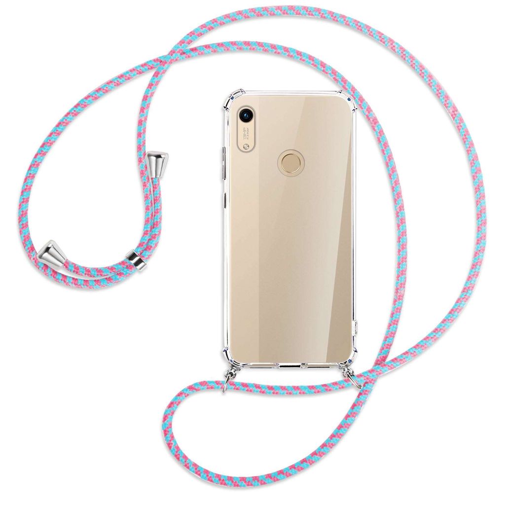 Handykette Backcover-Schutzhülle mit Band (Metall silberfarben) für Honor 8A / Huawei Y6s 2019 - pink/mint