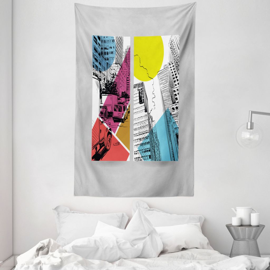 ABAKUHAUS Stadt Wandteppich und Tagesdecke, Städtische Illustration Trucks aus Weiches Mikrofaser Stoff Waschbar ohne Verblassen Digitaldruck, 140...