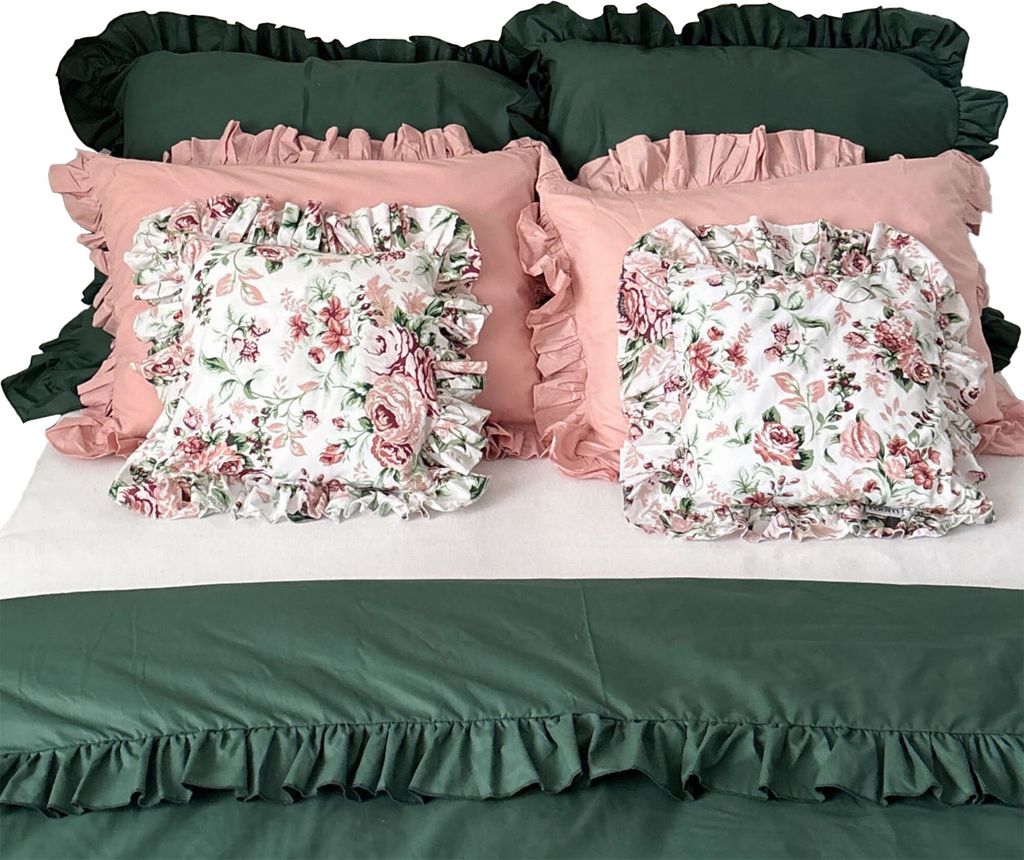 Baumwolle Bettwäsche Mit Rüschen Set Schlafzimmer Bettdeckenbezug 160X200 Cm + 6 Kissenbezüge Flasche Grün Retro-Blumen