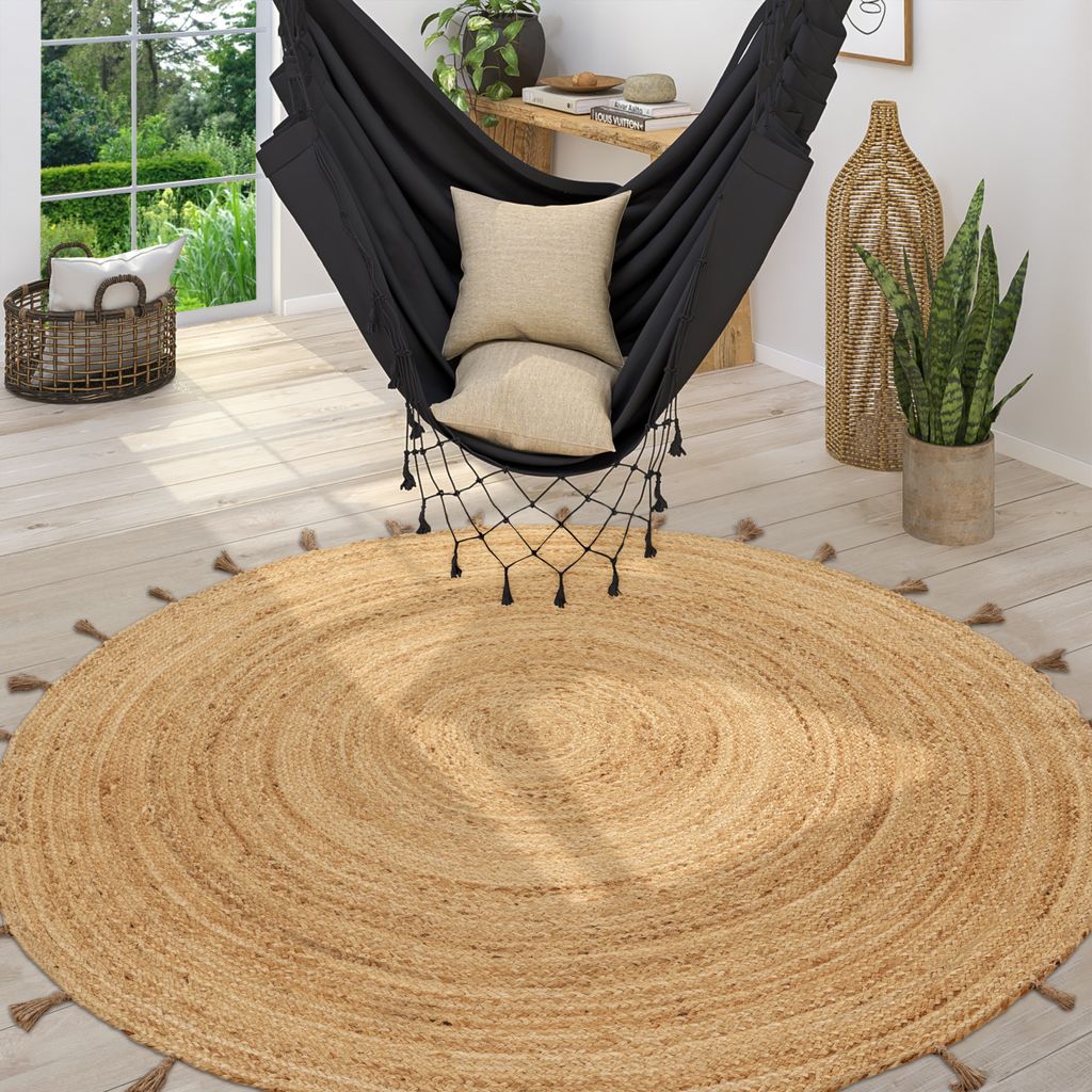Teppich Rund Wohnzimmer Jute Boho Ethno Muster Modern Handgefertigt Naturteppich Grösse 200 cm Rund