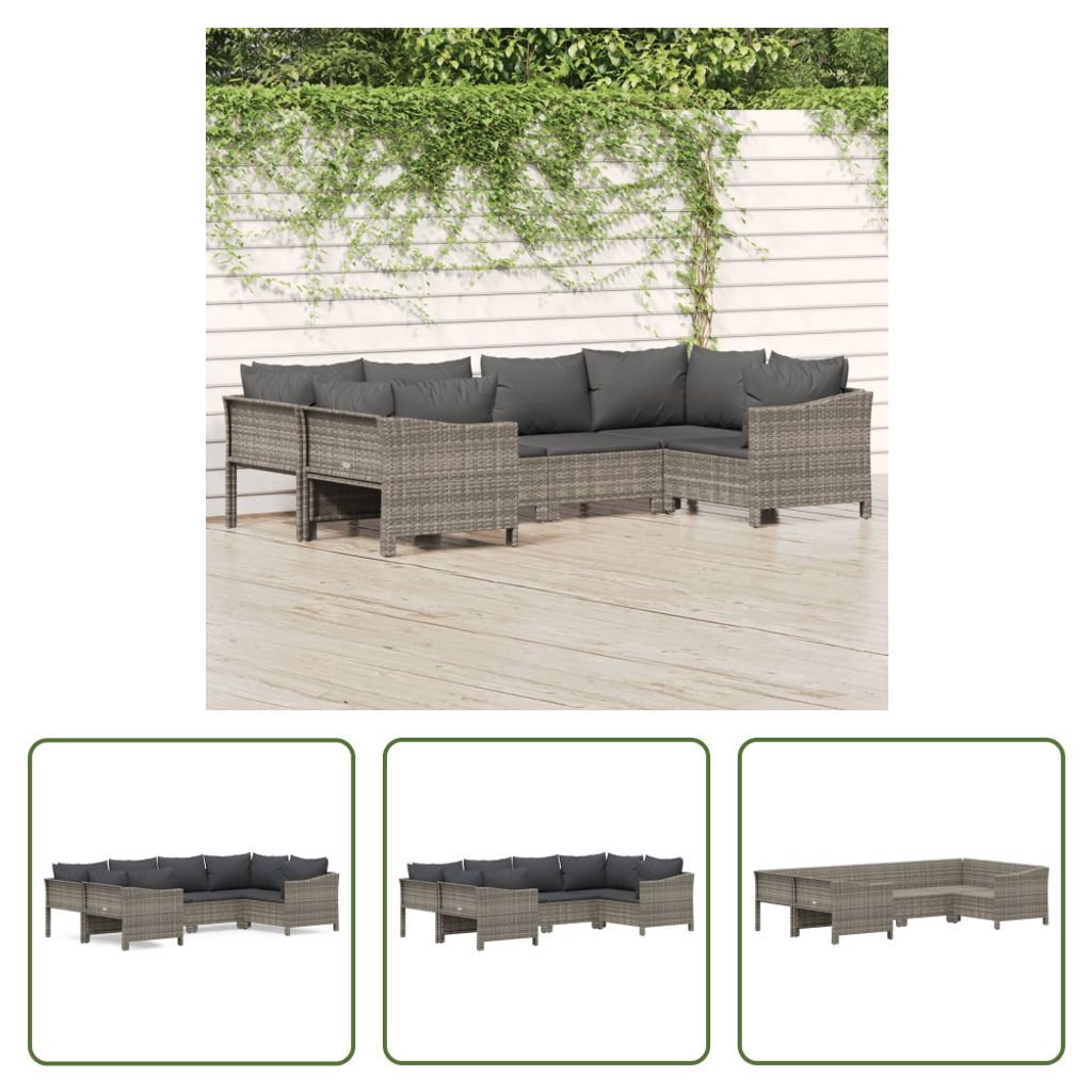 The Living Store 6-tlg. Garten-Lounge-Set mit Kissen Grau Poly Rattan