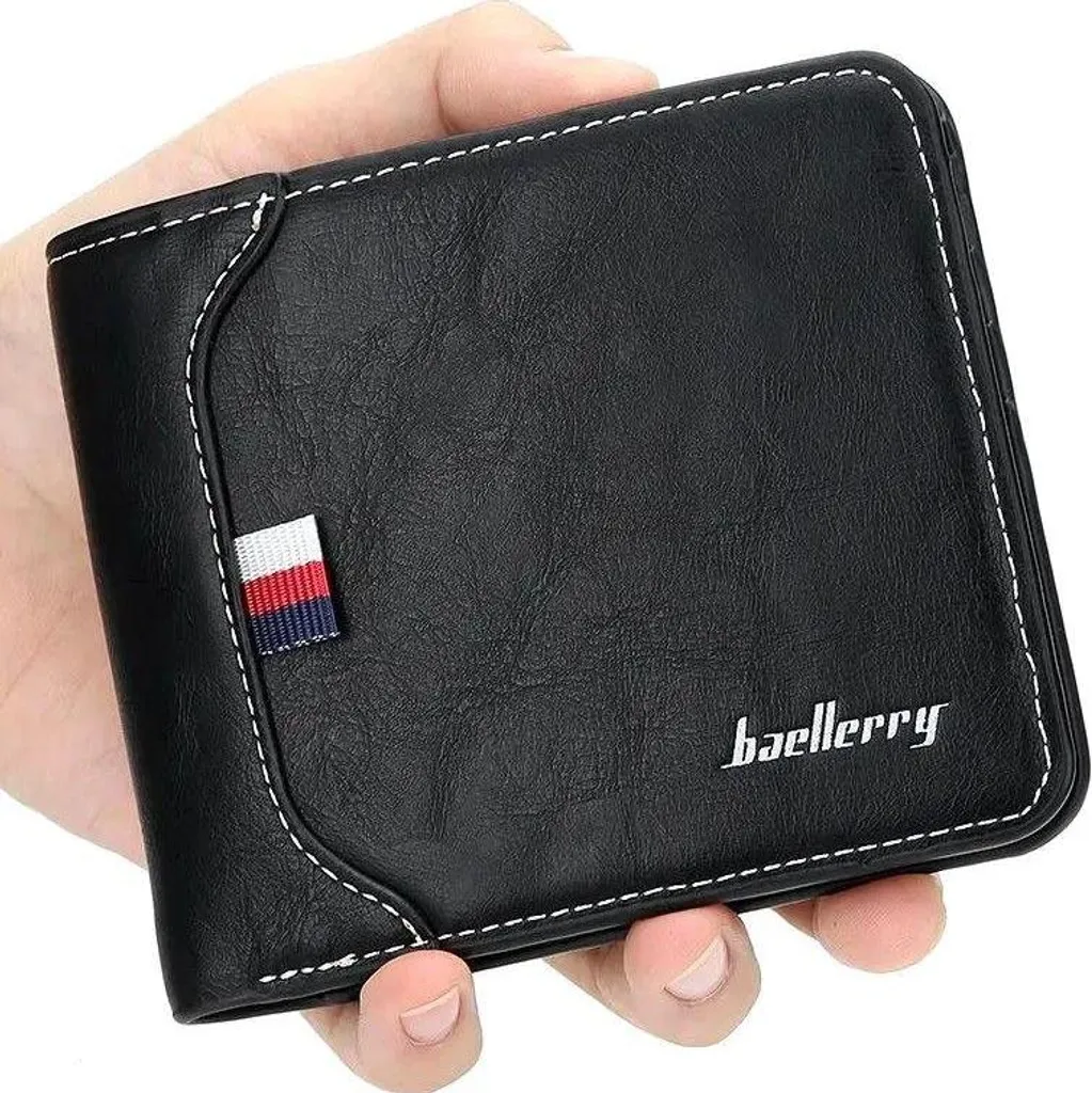 Portafoglio ecologico da uomo in ecopelle, nero, piccolo ed elegante con molti scomparti