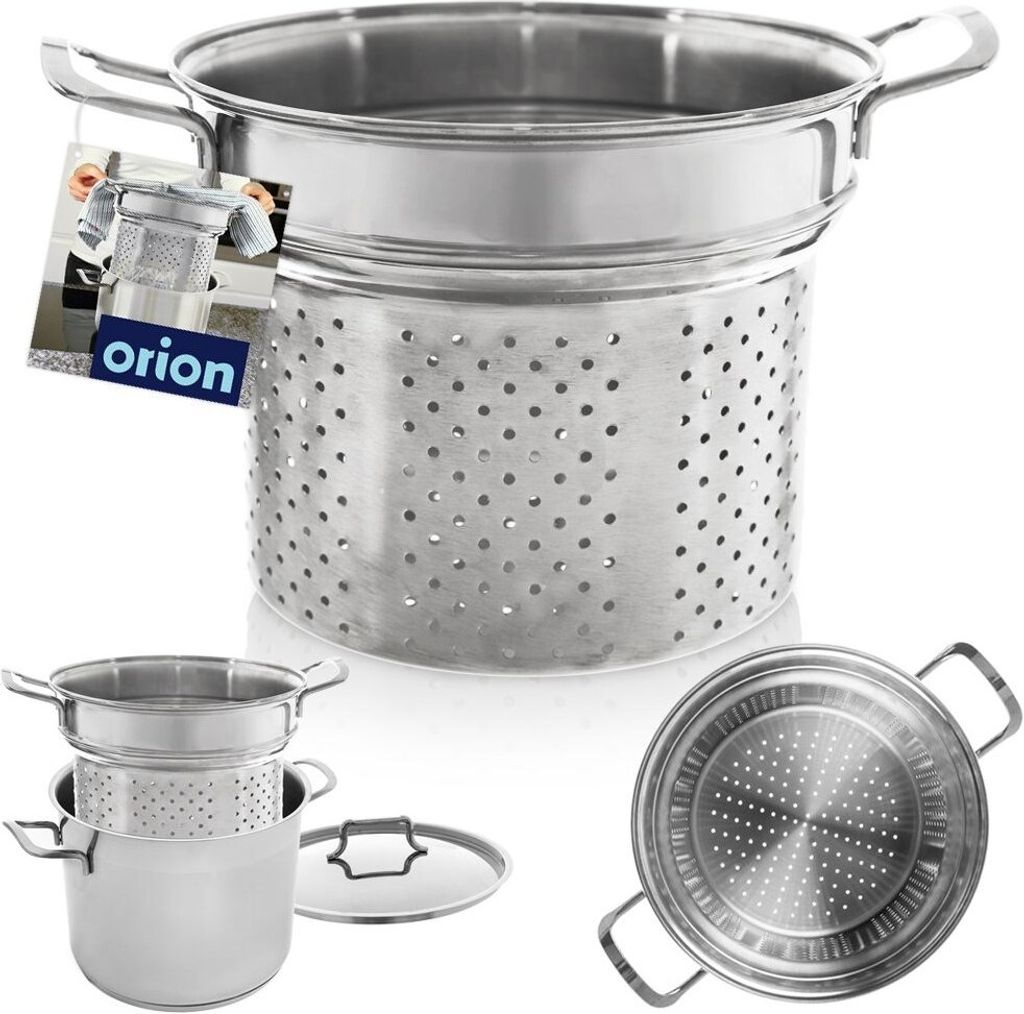 A stainless steel pasta pot with a perforated insert and lid, shown from multiple angles.