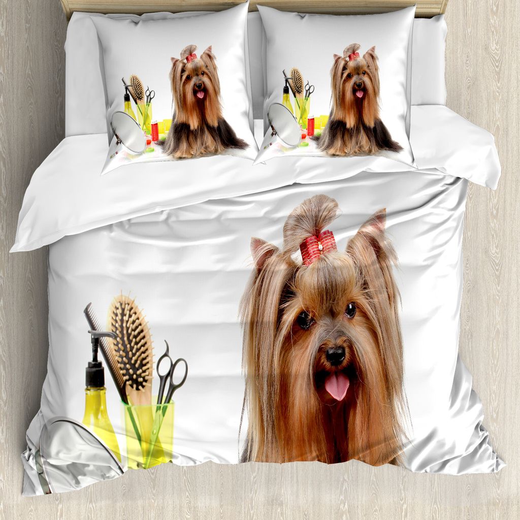 ABAKUHAUS Yorkie Bettbezug, Frisur Welpen, Milbensicher Allergiker geeignet mit Kissenbezügen, 155 cm x 220 cm - 80 x 80 cm, Dark Brown Multicolor