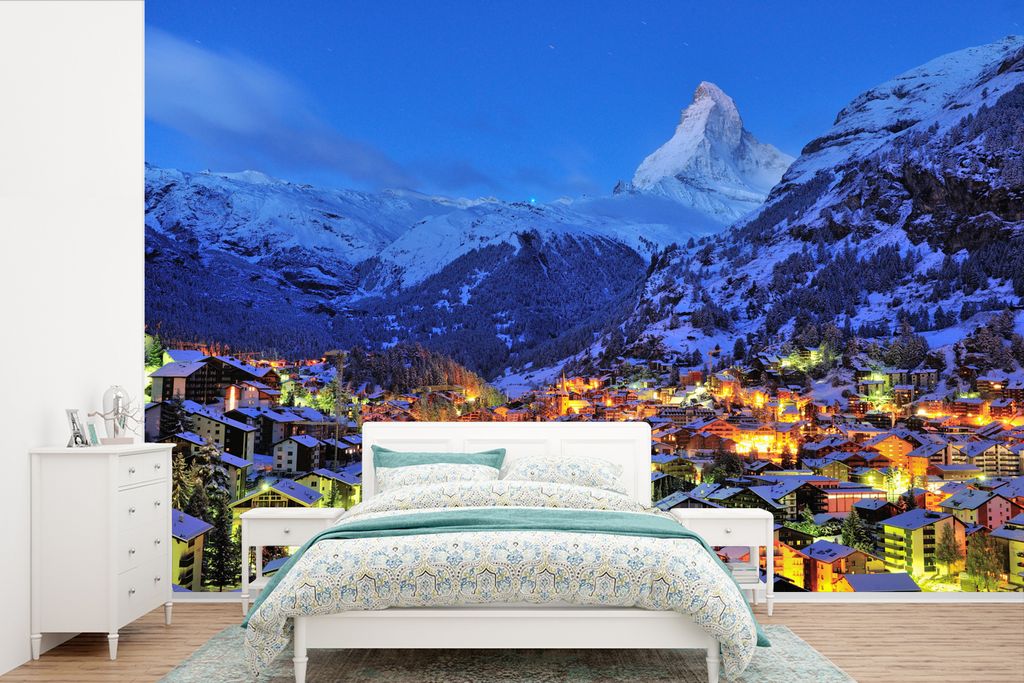 MuchoWow Fototapete für Wohnzimmer oder Schlafzimmer Wandtapete Vinyl Motivtapete Sonnenaufgang über dem Schweizer Matterhorn in Zermatt - 420x...