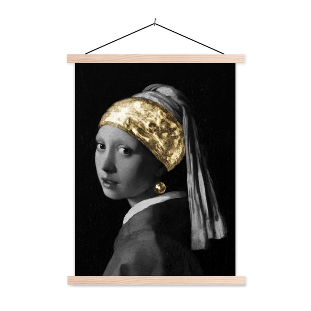 MuchoWow Textilposter Mädchen mit einem Perlenohrring - Vermeer - Gold 120x160 cm mit holzfarbenen Rahmen - Plakatkarton