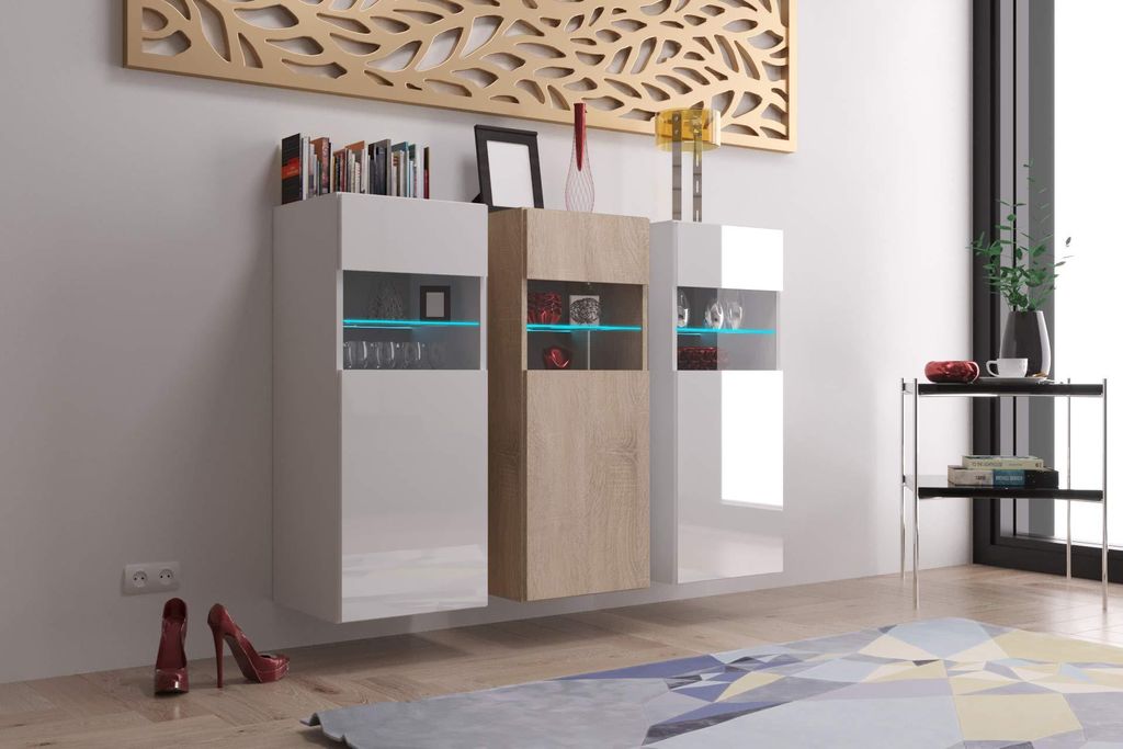 Furnitech K3 Modernes Wohnzimmer, Kommode, Schrank, Sideboard, Schlafzimmer, Esszimmer, Wohnzimmermöbel (LED weiß, K3-HGM20-WS5)