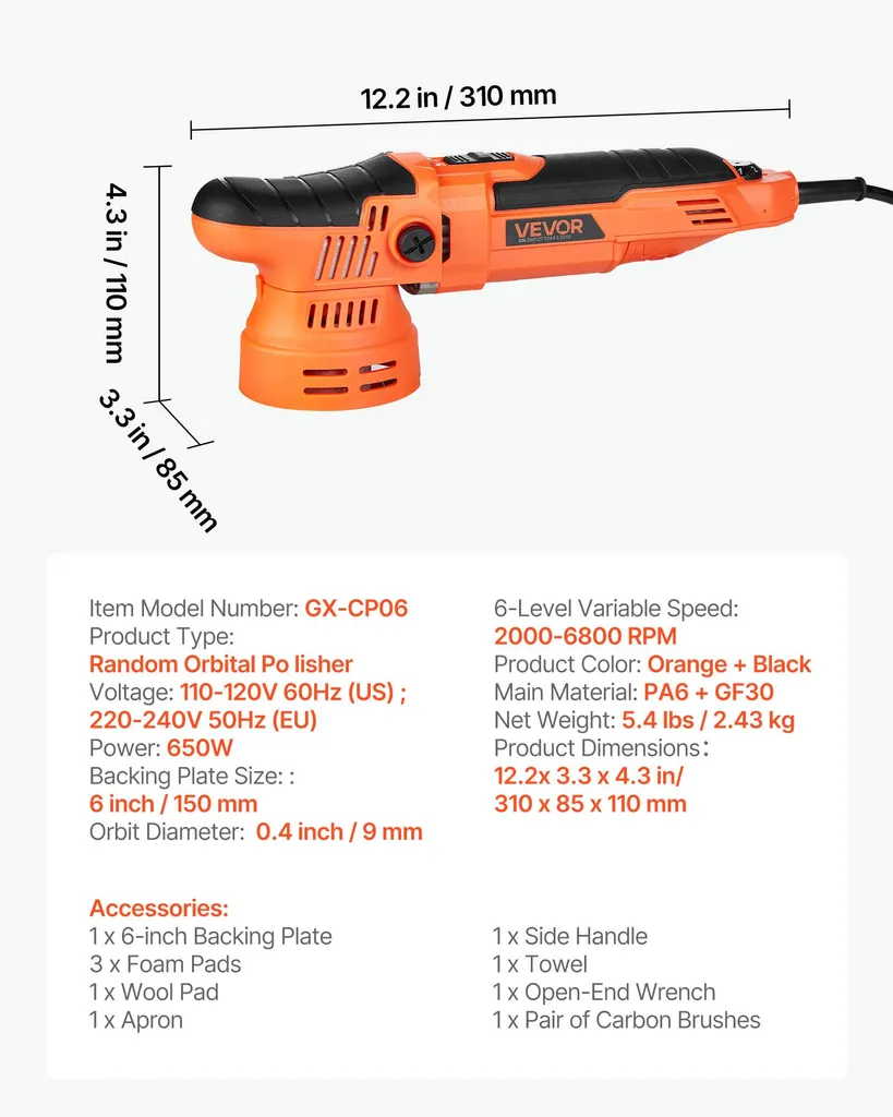Polisseuse Rotative VEVOR 150mm 650W - Lustreuse Auto à 6 Vitesses - 7