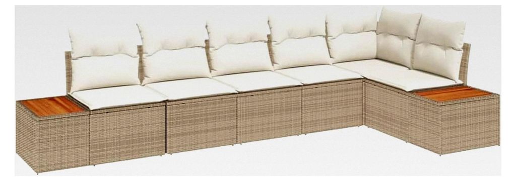 6-teiliges Garten-Sofa-Set mit Kissen in Beige aus Poly Rattan und Akazie für den Außenbereich