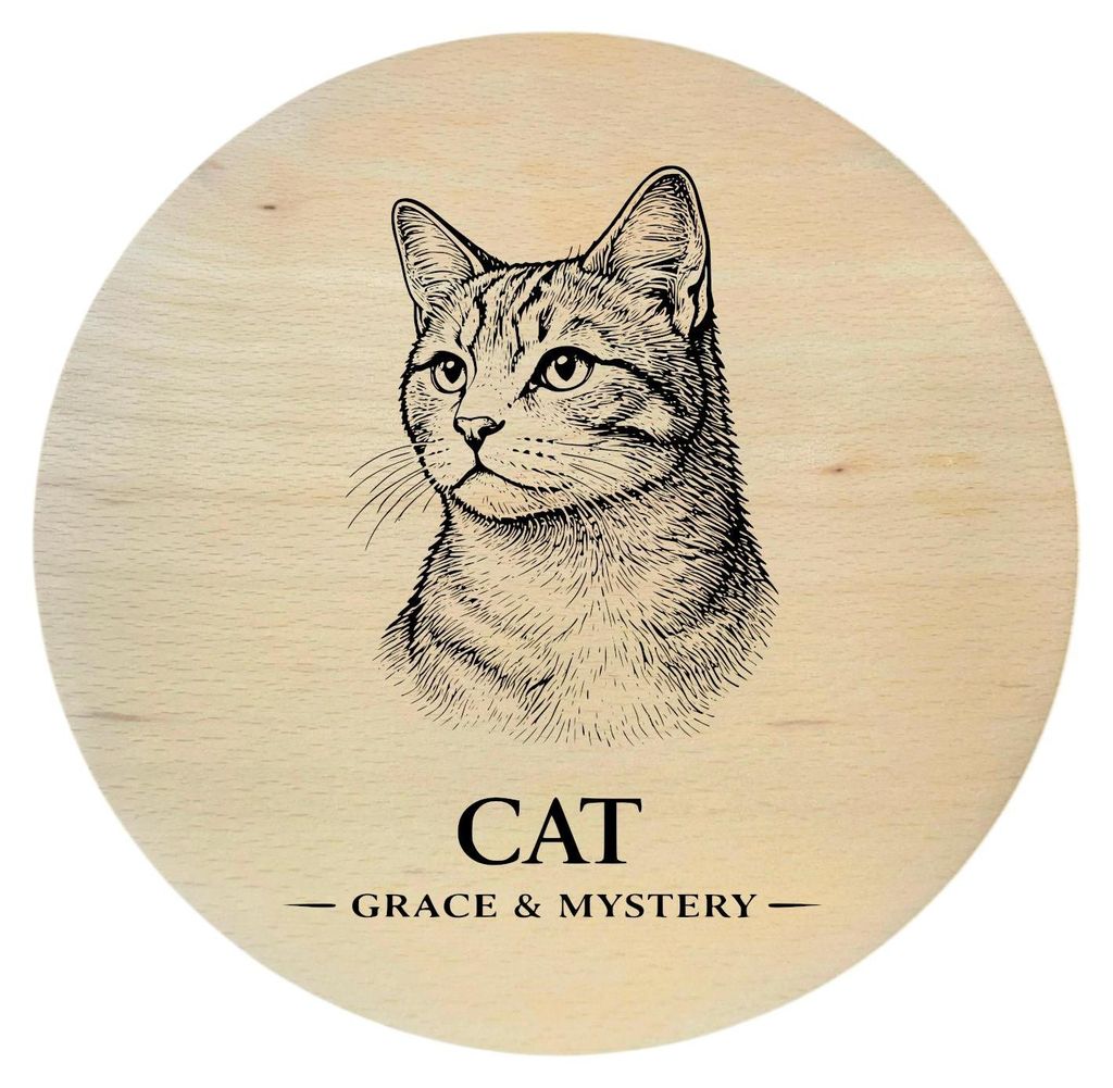 Buchenholzbrett mit Katzengravur – Hauskatze, rund 25 cm