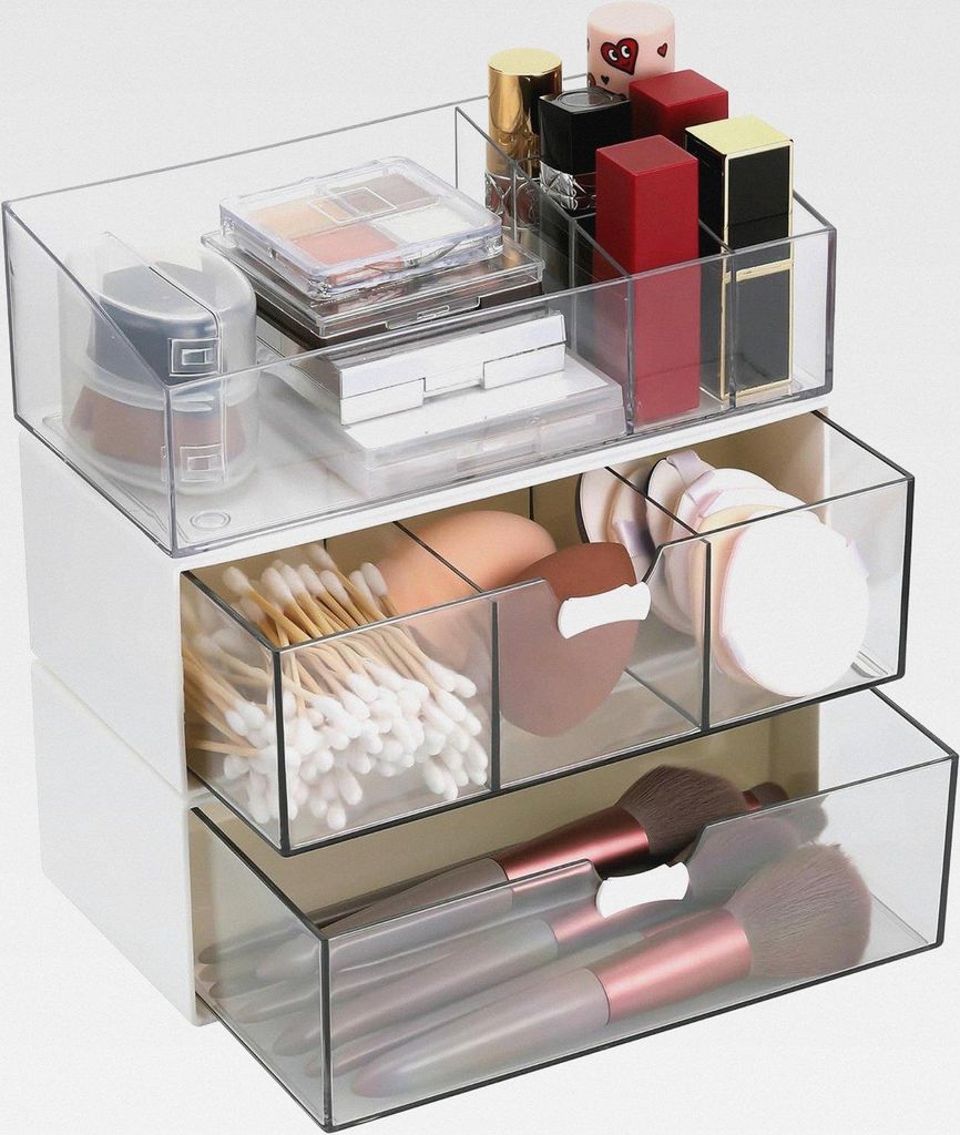 3 Stück Acryl Badezimmer Organizer, Kosmetik Organizer Set, Transparent Bad Schubladen Organizer, Schminktisch Organizer, Make Up Organizer für K...