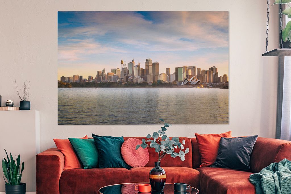 OneMillionCanvasses - Leinwandbilder - 150x100 cm, Skyline von Sydney mit weißen Wolken in Australien, Wandbilder Kunstdruck Wanddekoration
