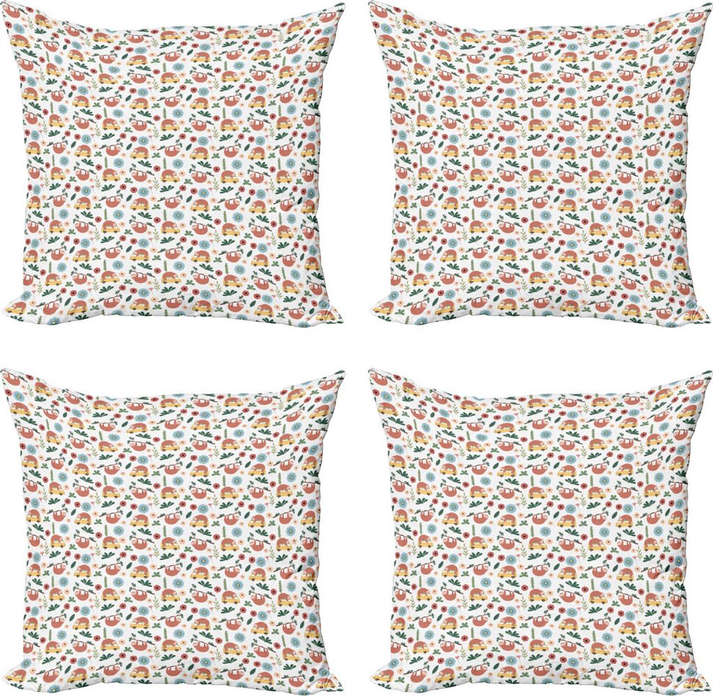 ABAKUHAUS Jungle Nursery Kissenbezug Set (4 Stück), Sloth auf Bus Ast, Moderner Doppelseitiger Digitaldruck, 60 cm x 60 cm, Weiß und Multicolor
