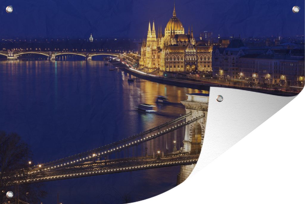 MuchoWow 120x80 cm Outdoor-Poster Gartendeko Sichtschutz Garten Poster für den Garten Budapest - Kettenbrücke - Licht