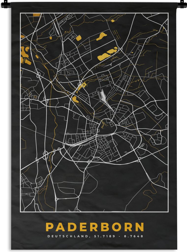 MuchoWow Wandteppich Wandbehang Schwarz und Gold - Stadtplan - Paderborn - Deutschland - Karte 60x90 cm Tapisserie Dekoration Wandtuch - Foto-Tep...