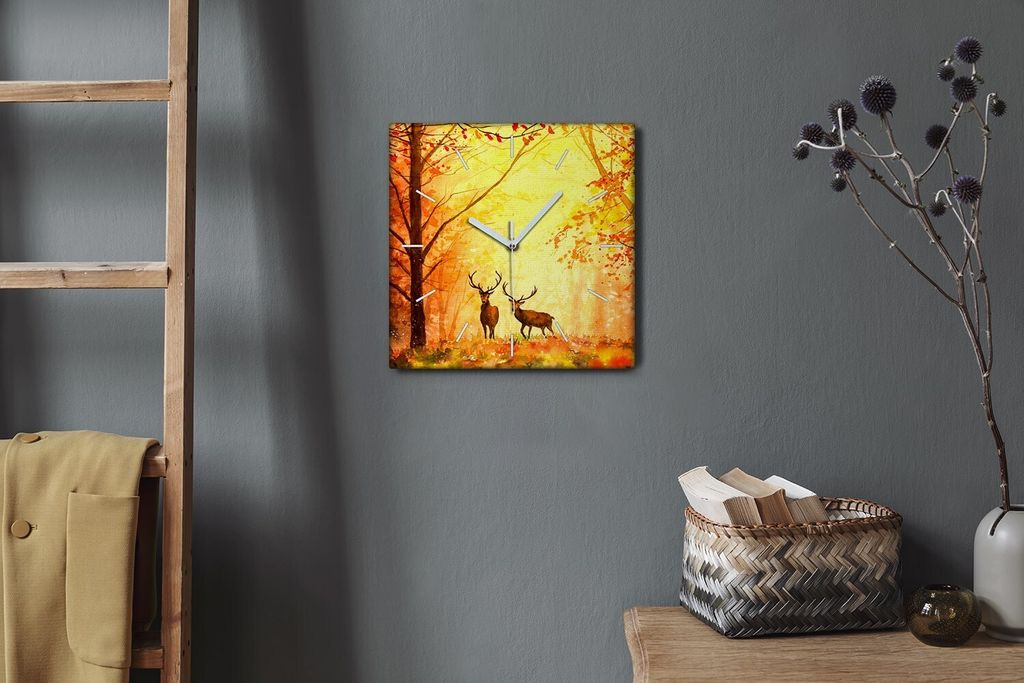Coloray Hodiny Unikátní 30x30 cm Tiché hodiny Pro obývací pokoj a kuchyň Nástěnné hodiny Plátno Bílé ručičky hodin - Autumn Forest H...