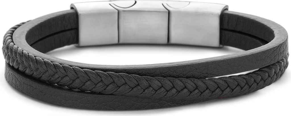Frank 1967 Junior - 7FJB-0002 - lerenarmband jongens - drie gevlochten strengen - zwart - 15,5 cm