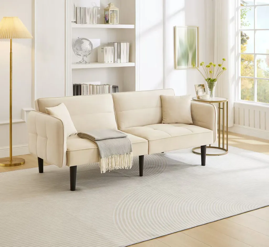 Lit d'Appoint 2 Places Compact en Velours Beige pour Invités Inattendus