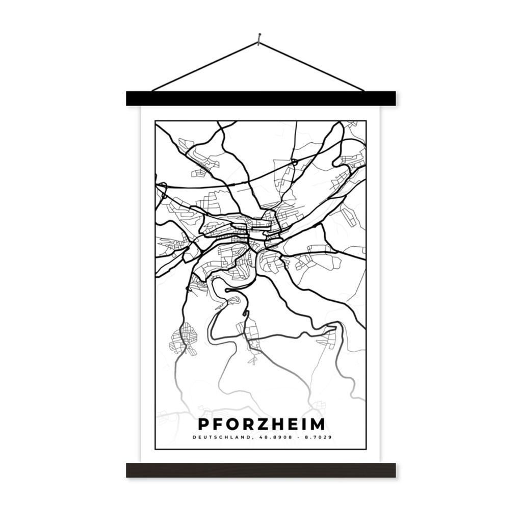 MuchoWow Textilposter Karte - Pforzheim - Karte - Stadtplan 60x90 cm mit schwarzem Rahmen - Poster Wohnzimmer