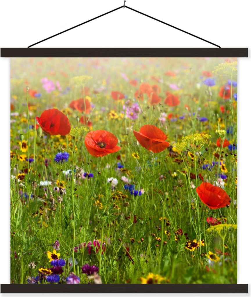 MuchoWow Textilposter Frühling - Blumen - Rot - Mohn - Gras - Grün 60x60 cm mit schwarzem Rahmen - Posteraufhänger