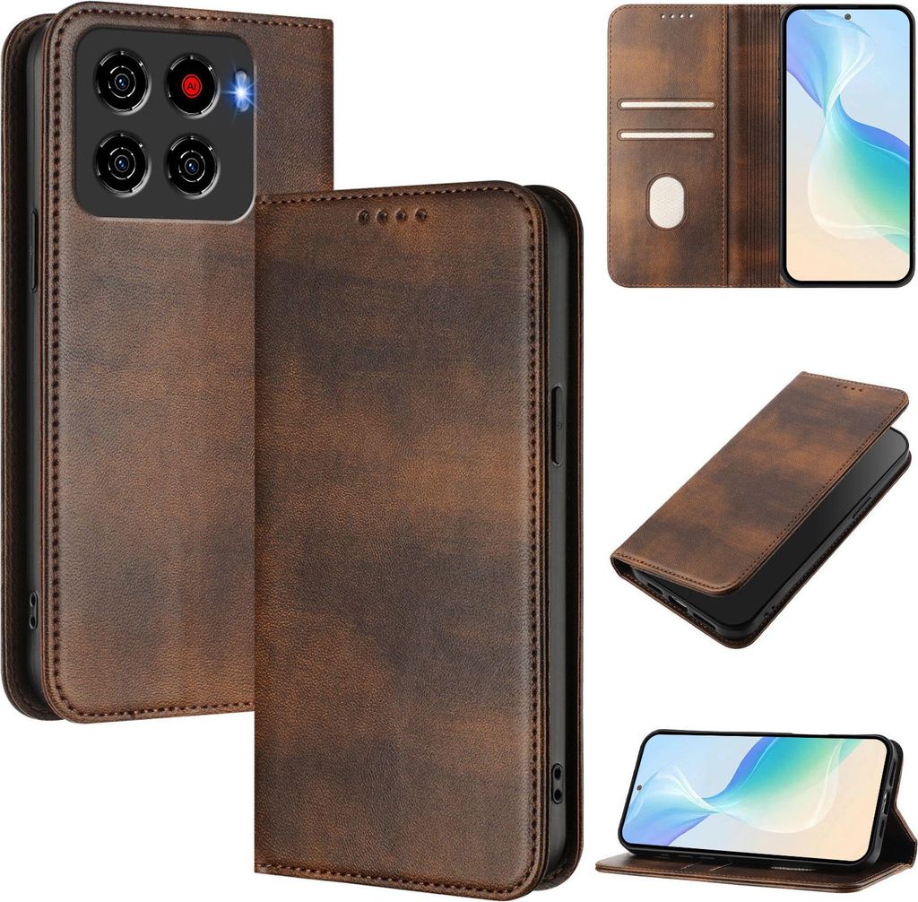 Multiple views of a brown leather flip phone case, including a close-up of the camera area and a view of the phone inside.