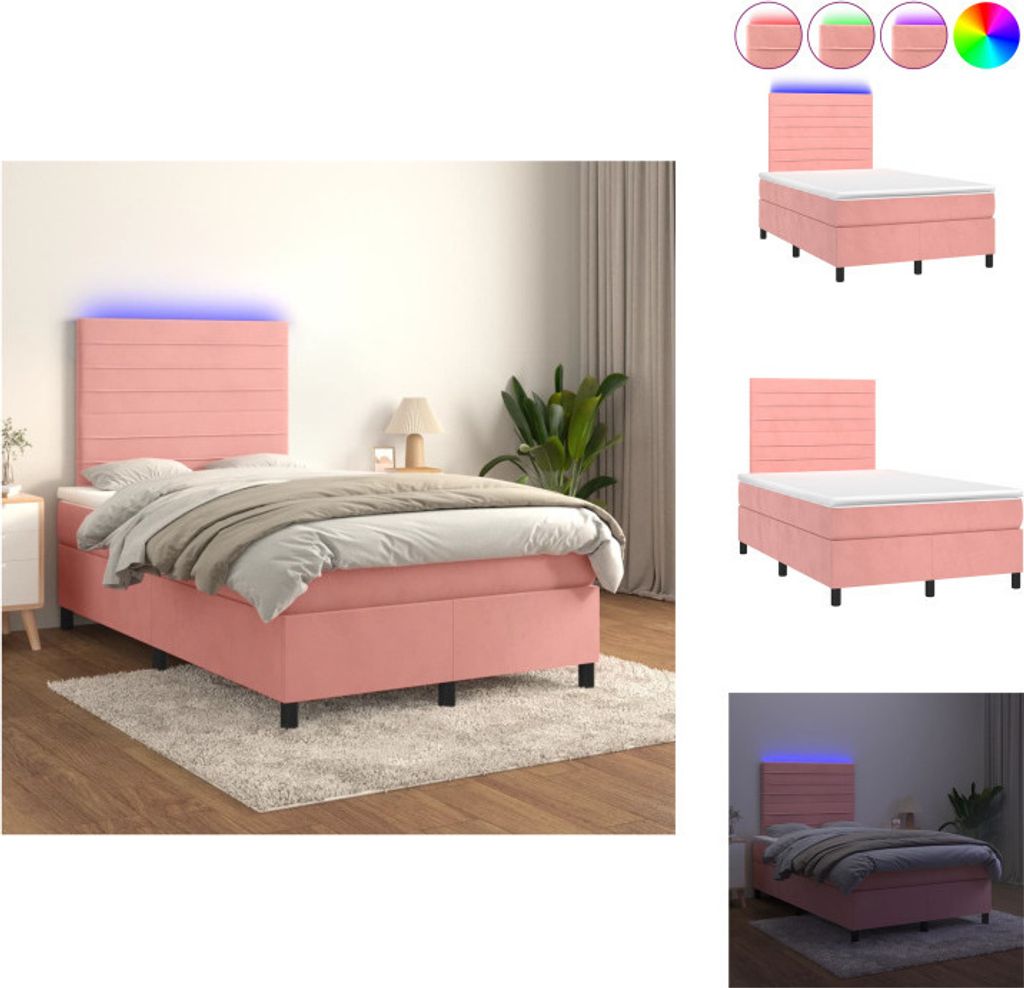 vidaXL Boxspringbett mit Matratze & LED Rosa 120x200 cm Samt - Betten & Bettgestelle