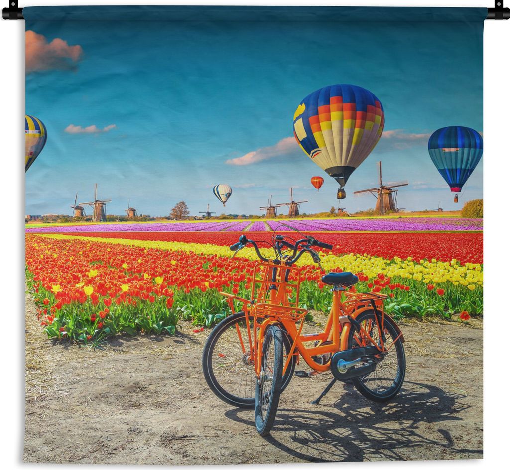 MuchoWow Wandteppich Wandbehang Heißluftballon - Orange - Tulpen 90x90 cm Tapisserie Dekoration Wandtuch - Wandaufhänger