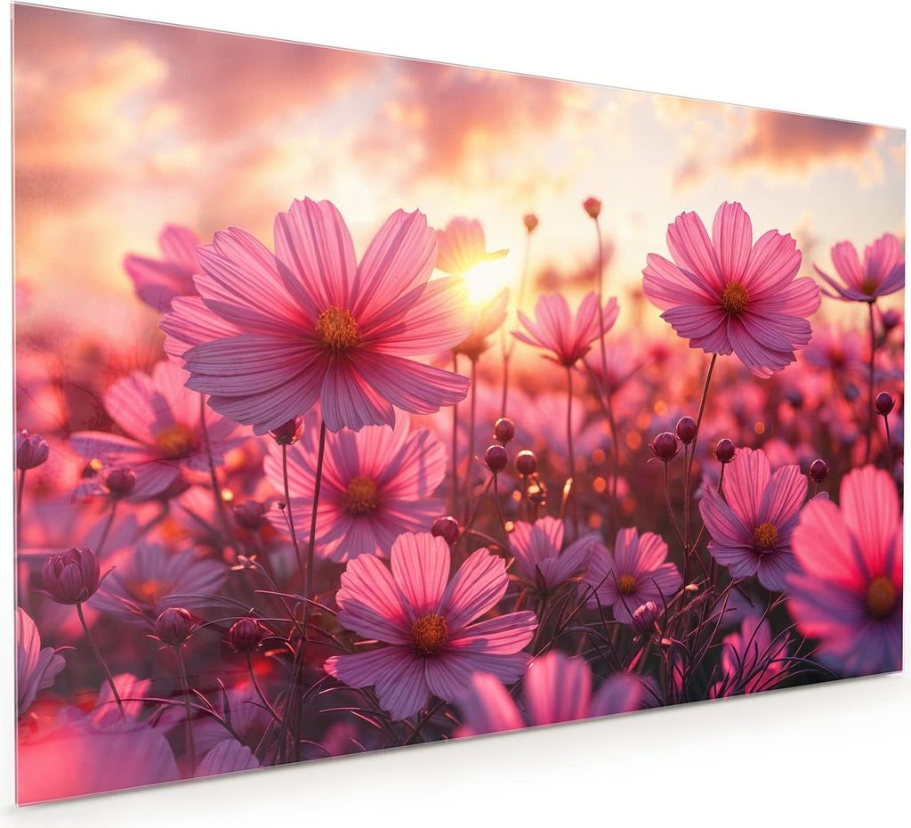 Küchenrückwand Spritzschutz Glas mit Motiv Blumenfeld Sonnenuntergang 40 x 40 cm