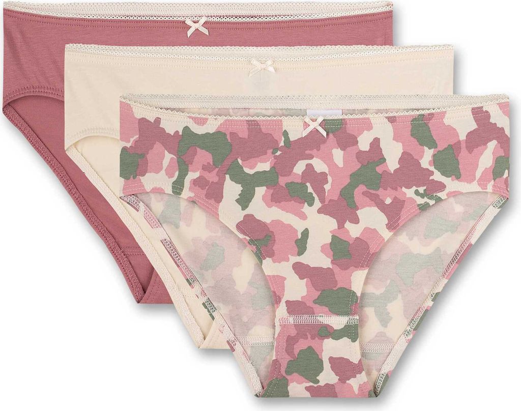 Sanetta Mädchen Rioslip, 3er Pack - Unterwäsche, Unterhose, Baumwolle, Camouflage, Spitze Beere/Beige/Camouflage 164
