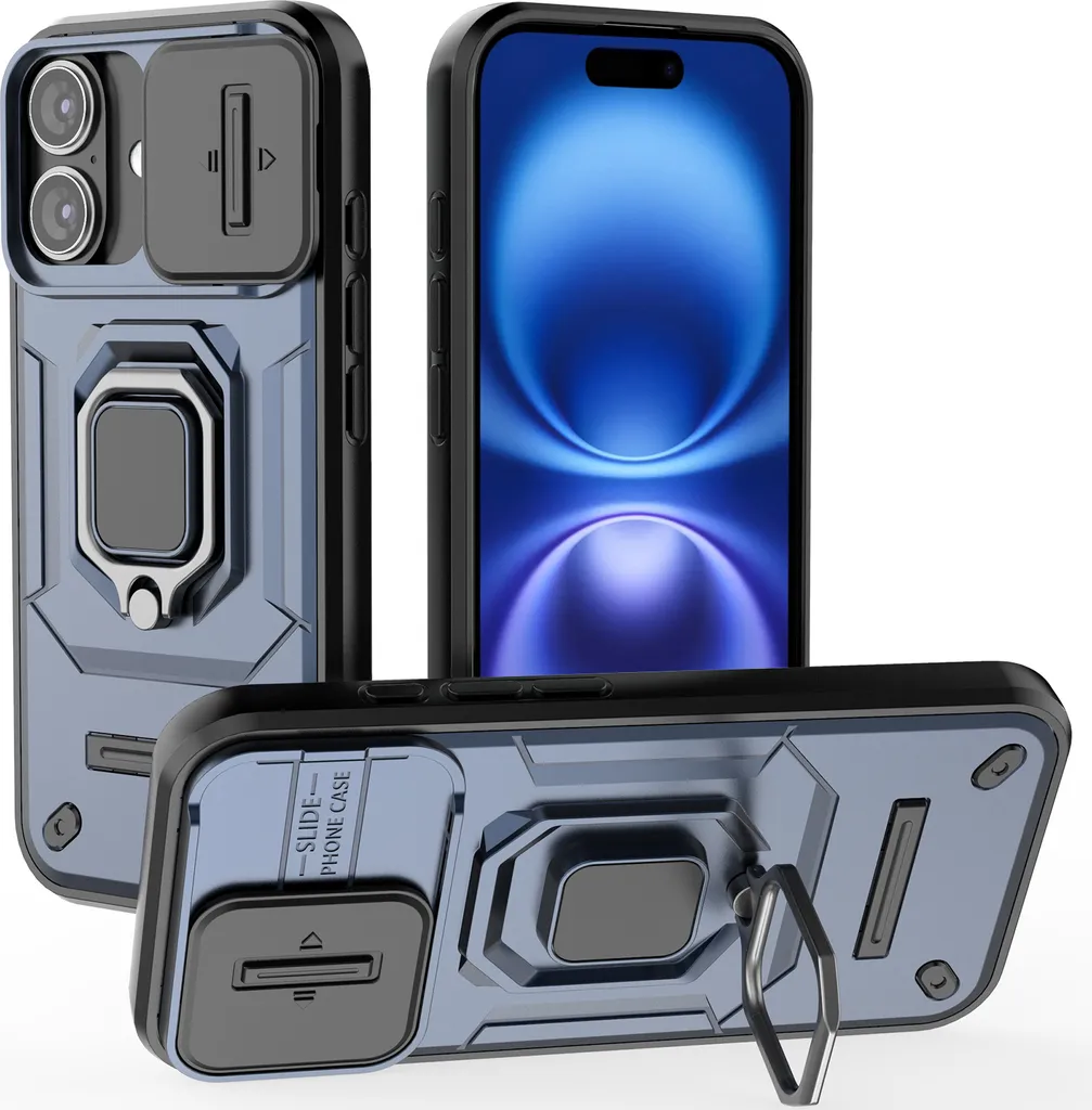Cover Professionale iPhone 16 Blu: Stand Integrato e Privacy Camera