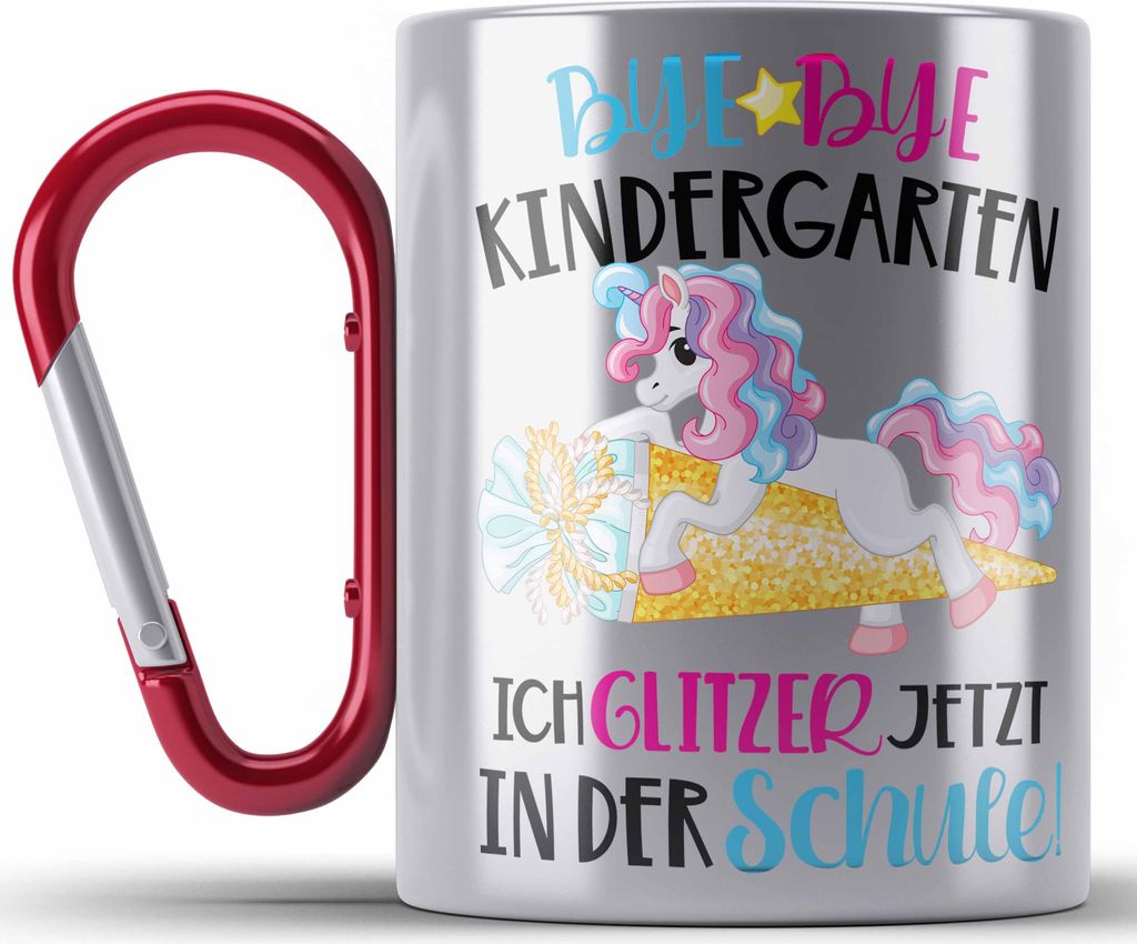 Trendation - Bye Bye Kindergarten Einschulung Mädchen Geschenk Edelstahl Tasse Karabiner Schulstart 1. Schultag Schuleinführung Schulanfang Gesch...