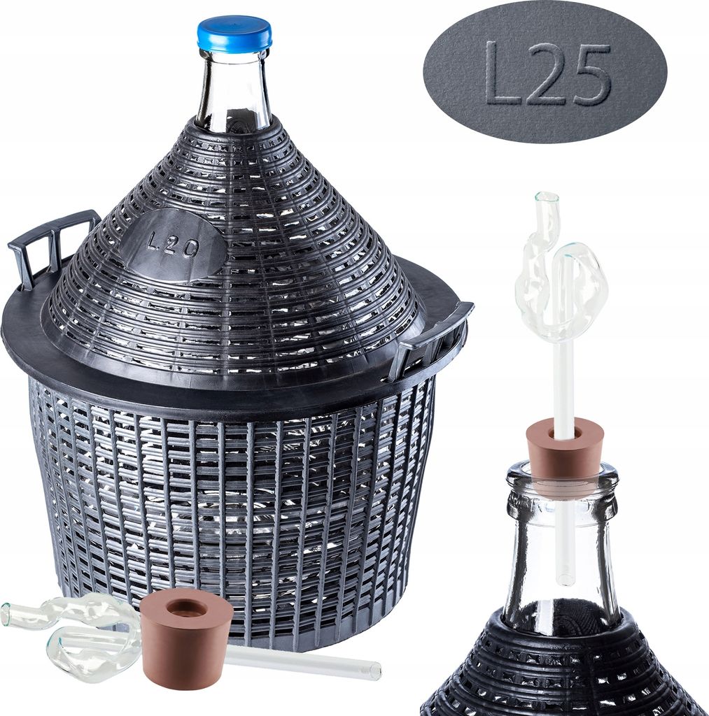 KADAX Glasballon-Set "Alatri", Gärballon mit Kunststoffkorb und Gärzubehör, Gummistopfen, Gärröhrchen aus Glas, Flasche, 25L