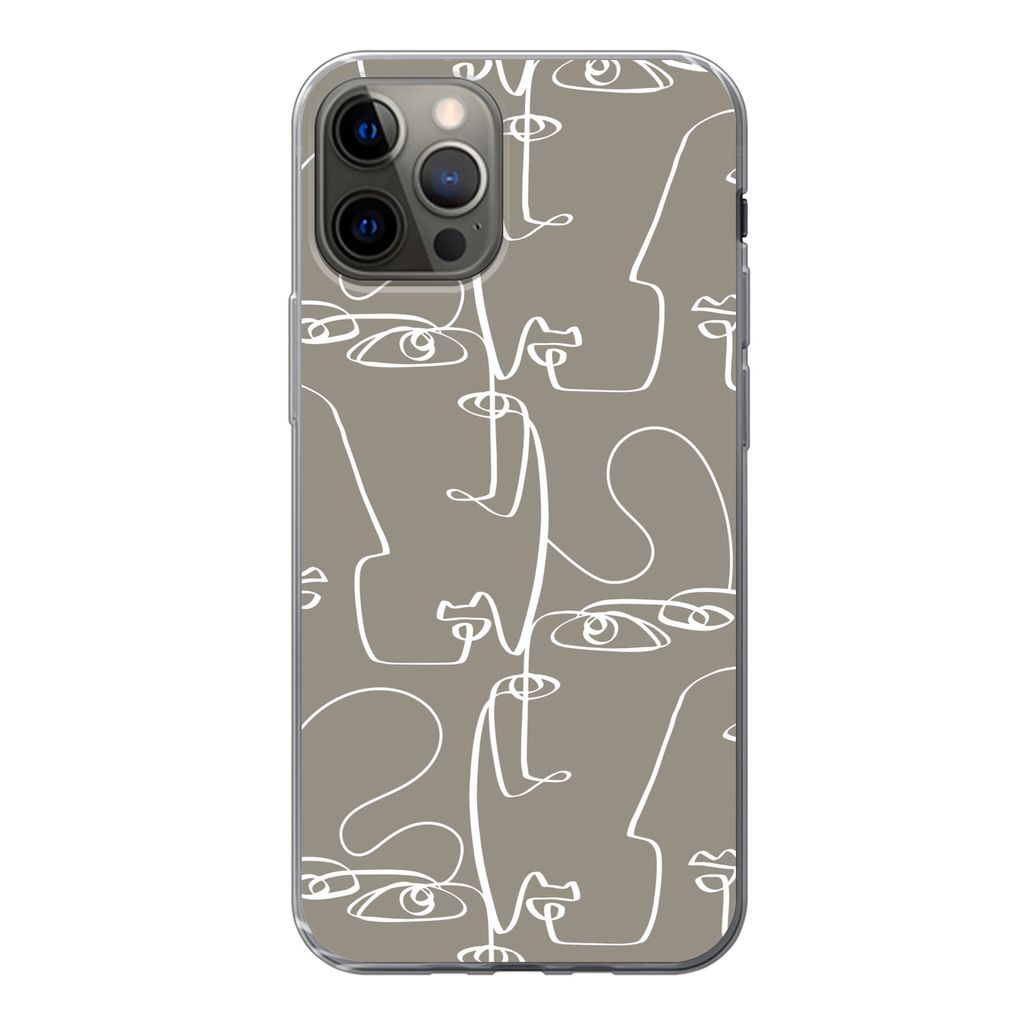 MuchoWow Handyhülle Schutzhülle Hülle für iPhone 12 Pro Muster - Kopf - Strichzeichnung Silikon Softcase Handy Hülle - Abdeckung