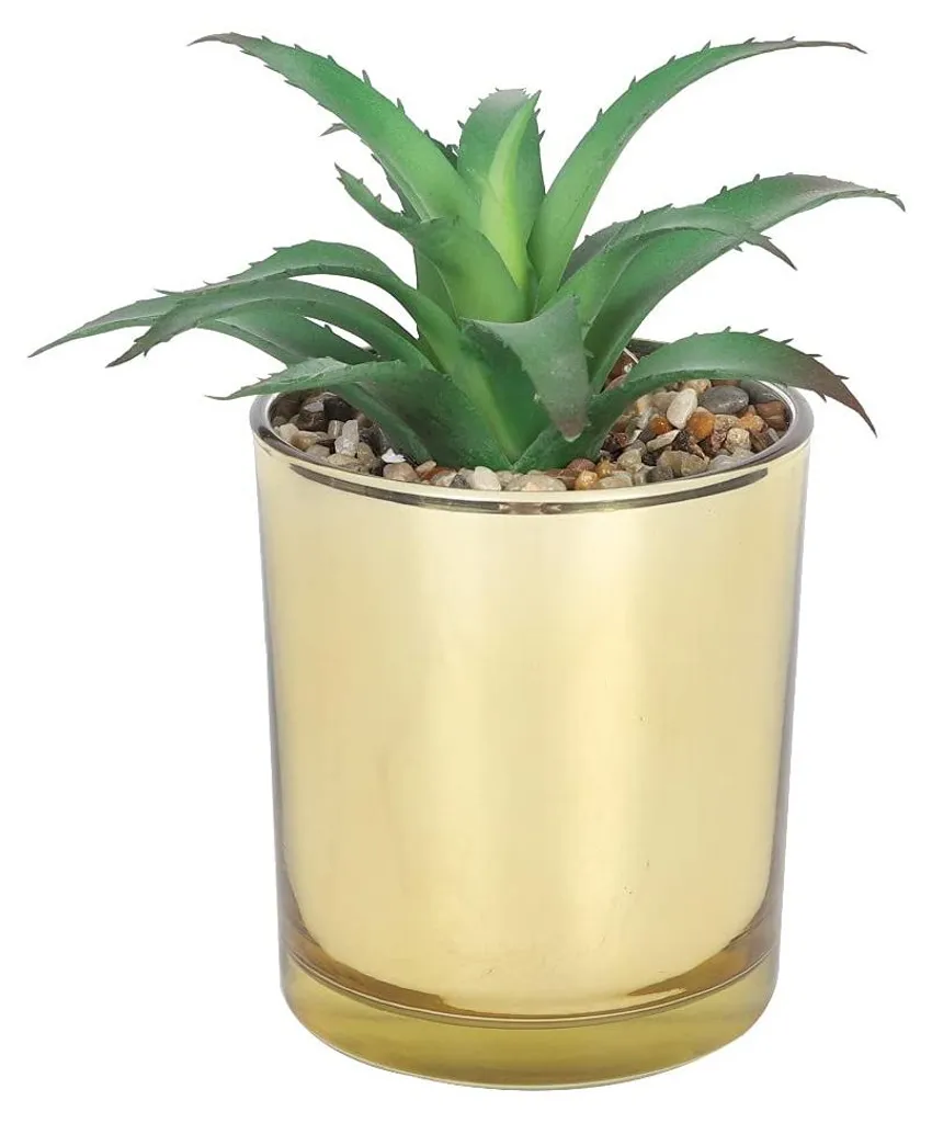 Aloe Vera Artificiel Réaliste et Pot Doré à Motif Halo Esthétique 25cm