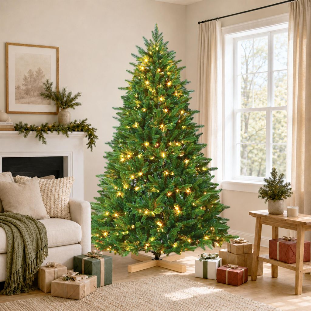 Künstlicher Weihnachtsbaum mit LED Lichterkette und Holzfuß Produktbild 